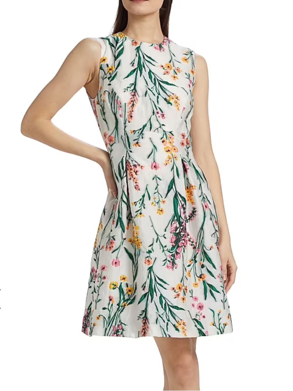 Lela Rose White Sleeveless A-Line Dress with Green, Pink and Yellow Floral Print